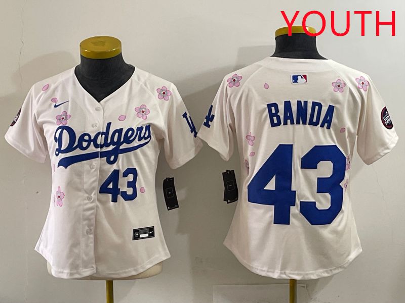 Youth Los Angeles Dodgers 43 Banda Cream Sakura Edition 2025 Nike MLB Jersey style 32